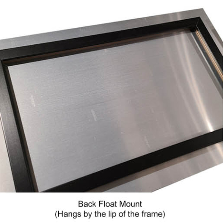 Back Float Mount – Gallery Display Back view of a ChromaLuxe metal print with a floating mount frame, ready to hang.